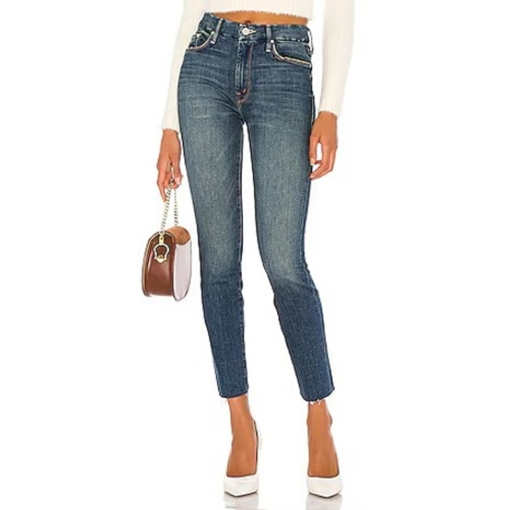 Mother The Looker Ankle Fray Skinny Jeans Gutterpunk Blue Size 26